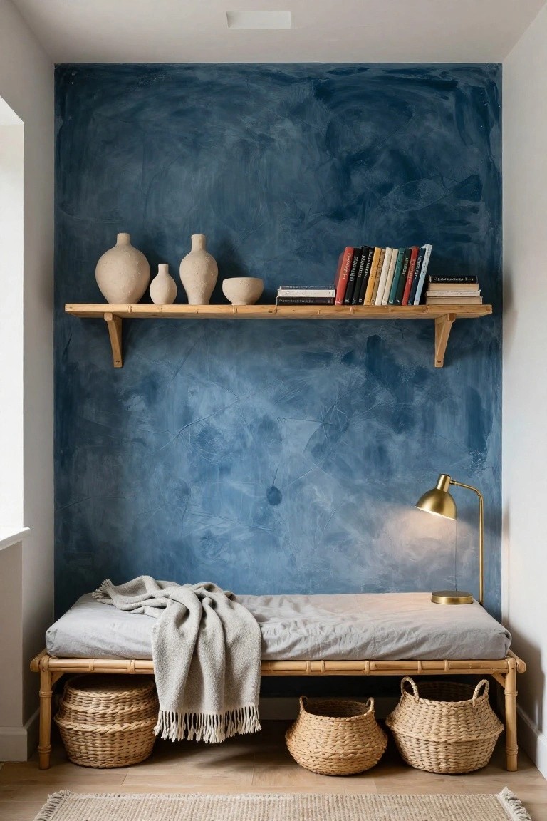 Indoor alcove with textured blue wall, wooden shelf holding beige pottery vases, bowls, and books, gold desk lamp on low rattan daybed draped with gray blanket flanked by wicker baskets, seagrass rug on light wood floor.