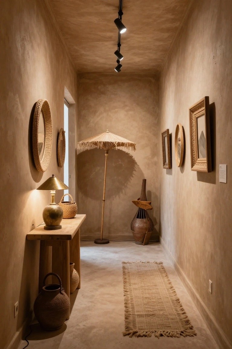 Narrow indoor hallway with beige textured plaster walls lined with rattan and framed mirrors, wooden console table holding a lamp and baskets, fringed umbrella stand, woven vessels, and a seagrass runner on the concrete floor.