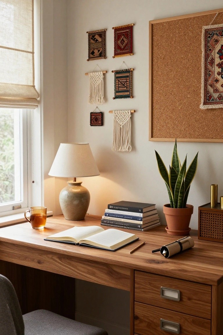 Wooden desk in a light-filled corner room with open notebook, tea mug, lamp, books, snake plant, and assorted small woven tapestries, macrame hangings, and corkboard on beige wall next to window with sheer blinds.