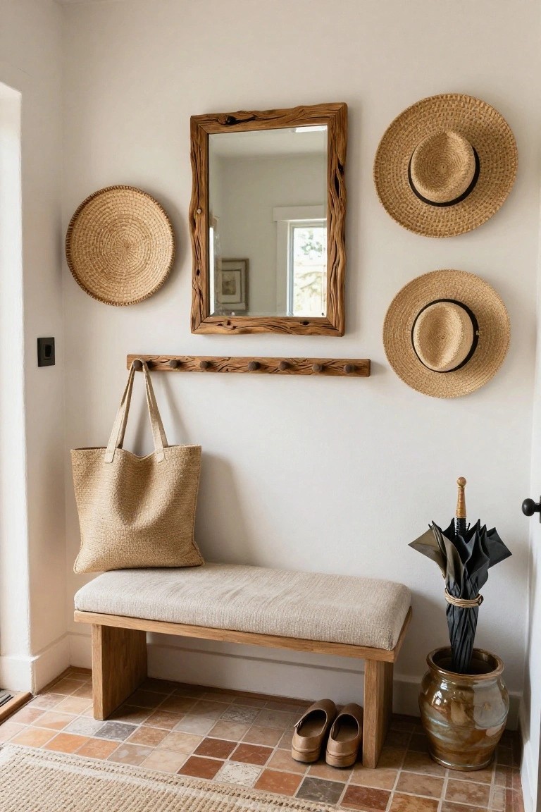 White entryway wall with woven straw hats and basket hung at varying heights beside a driftwood-framed mirror, wooden coat hooks below, beige tote bag hanging, wooden bench with beige cushion and women's shoes in front, black umbrella in ceramic pot, and terracotta tile floor.