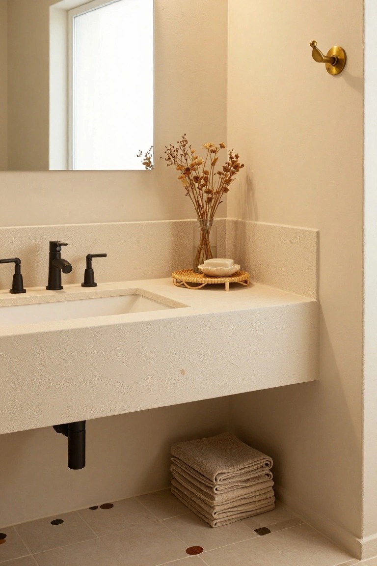 Close-up of a beige textured plaster bathroom vanity with integrated sink, black faucet, glass vase of dried pampas grass, woven tray holding a white soap dish, and stacked beige towels below, on a floor with scattered dark dot tiles.