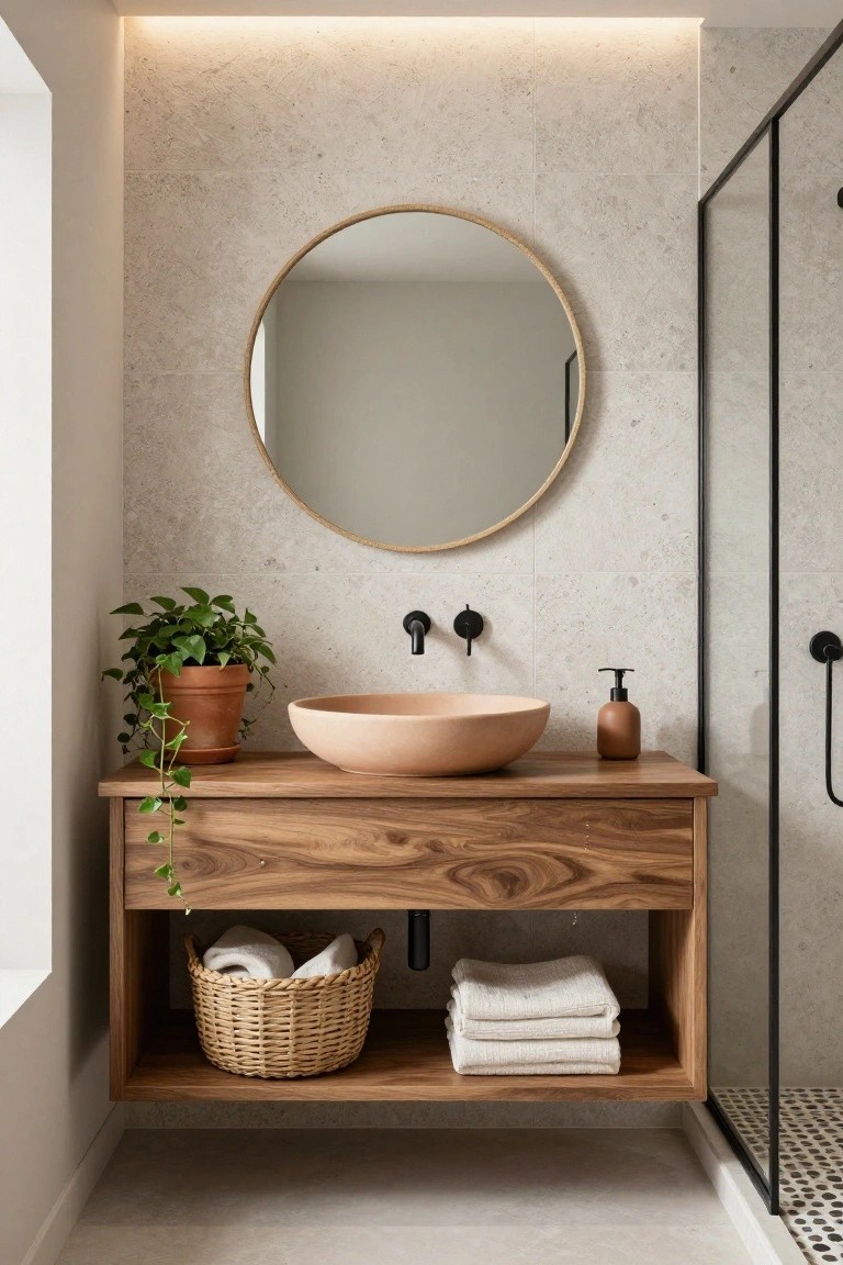 Bathroom with floating wooden vanity holding beige vessel sink and soap dispenser, round gold mirror on textured beige walls, potted trailing plant, rattan basket with towels below, black faucets, and glass shower enclosure.
