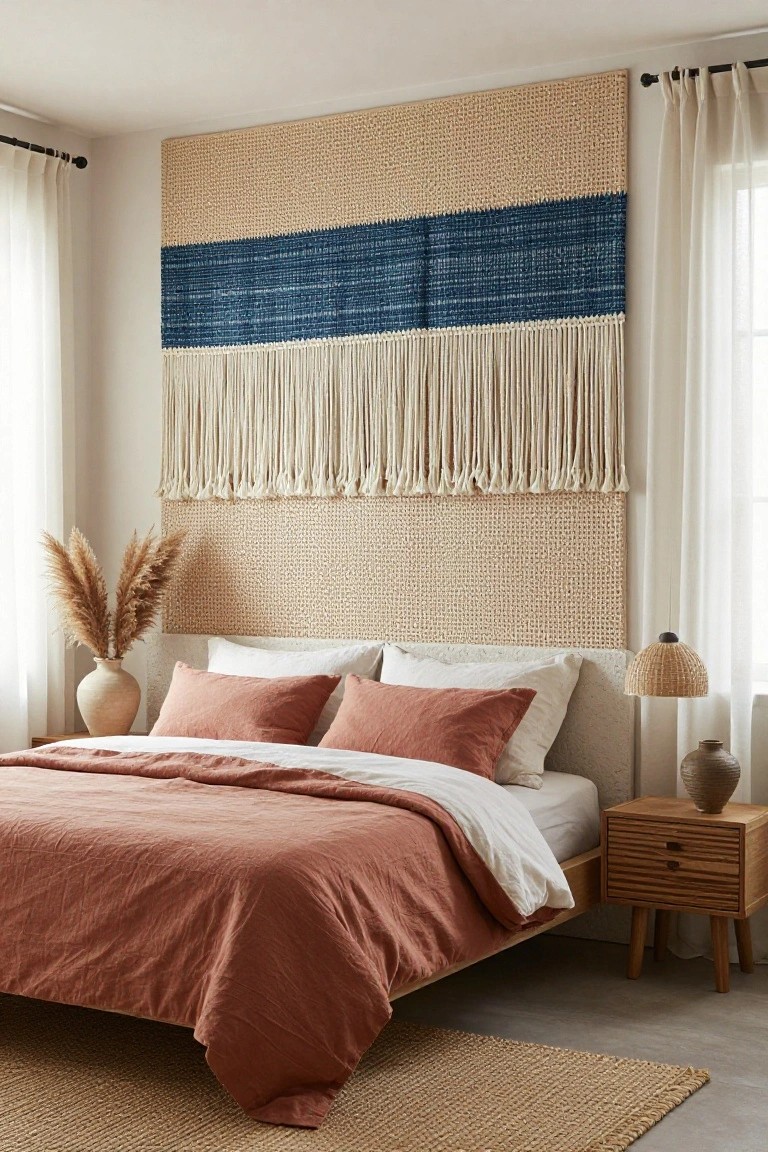 Textured Woven Wall Hanging as Headboard