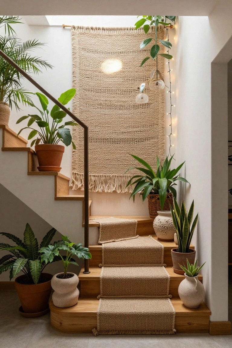Indoor wooden staircase with beige woven runner rug, large beige macrame-style tapestry hanging on white wall, various potted tropical plants on steps and landings, string lights, pendant lamps, and skylight above.