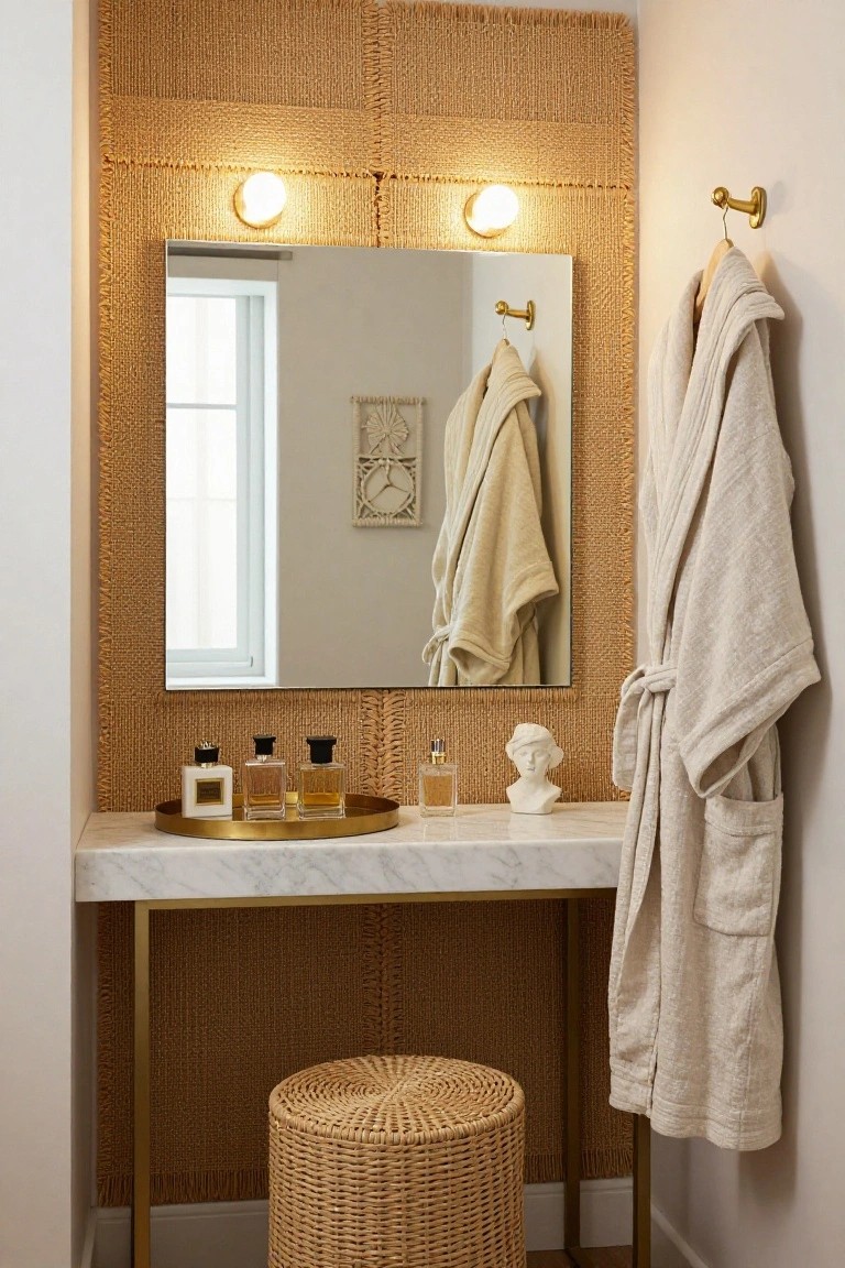 A small interior vanity area with beige woven textured wall panels, a large round mirror, marble-topped brass table holding perfume bottles and a marble bust, wicker stool, and white linen robe on a hook.