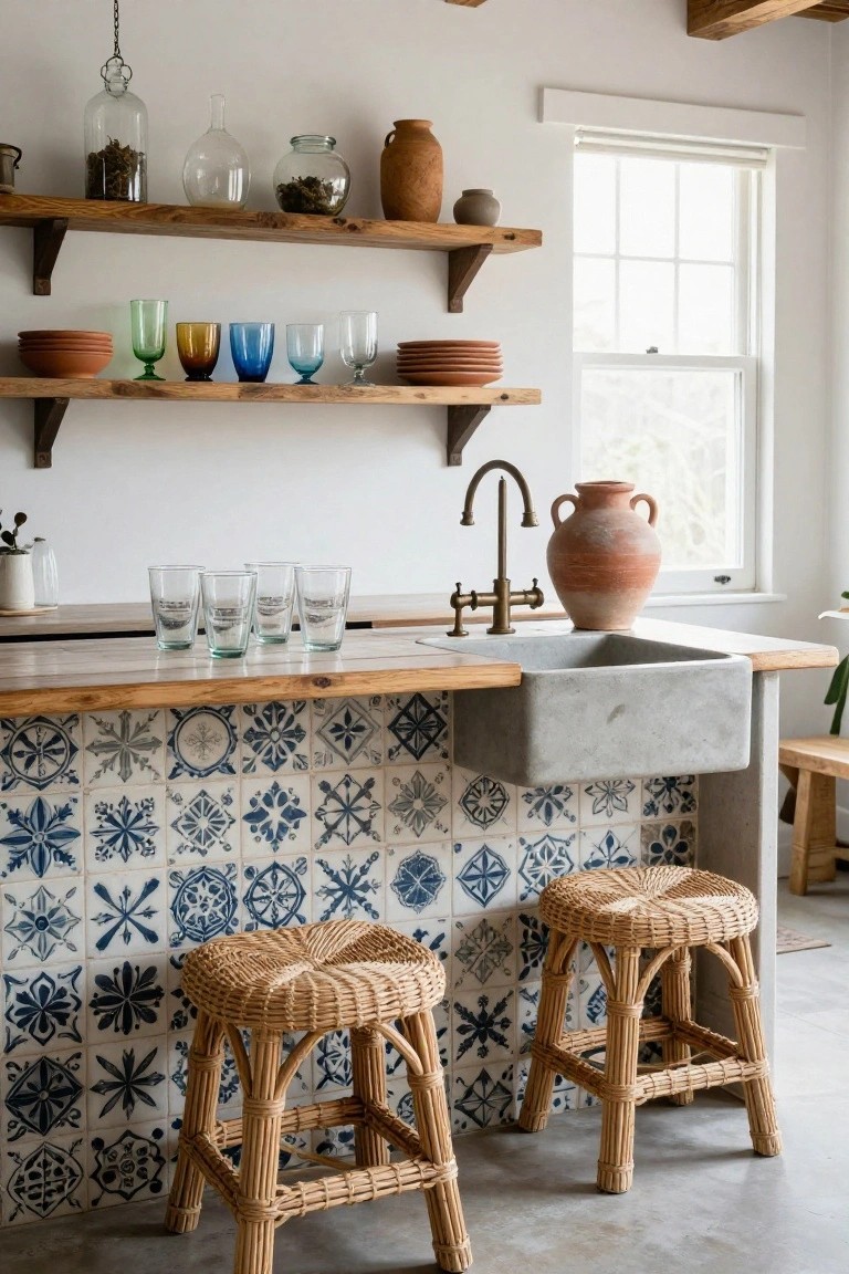 Kitchen with open wooden shelves holding colorful glassware, jars, and pottery, wooden countertop bar with glasses and farmhouse sink, blue patterned tile backsplash, rattan bar stools, and potted plants.