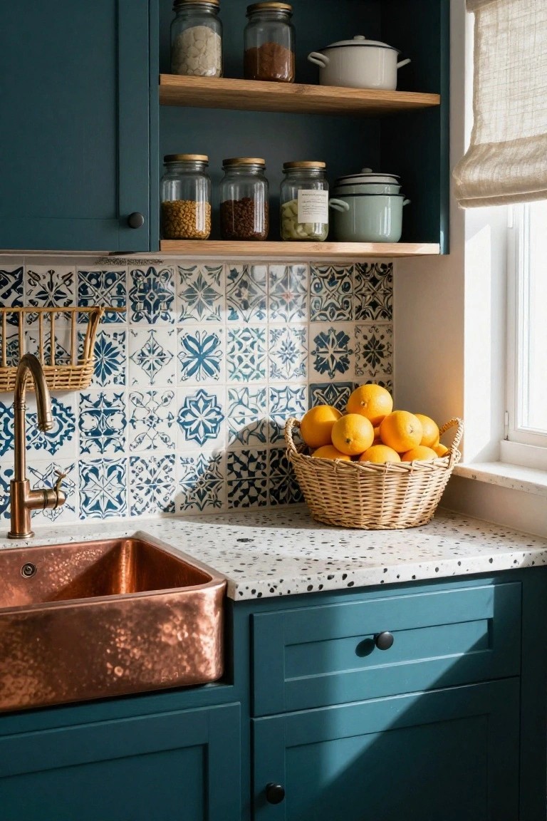 Kitchen with dark teal cabinets, open wooden shelves holding glass jars of grains and beans plus enamelware pots, blue and white patterned tile backsplash behind a copper farmhouse sink on a speckled white terrazzo countertop, and a wicker basket filled with oranges next to the sink by a window.