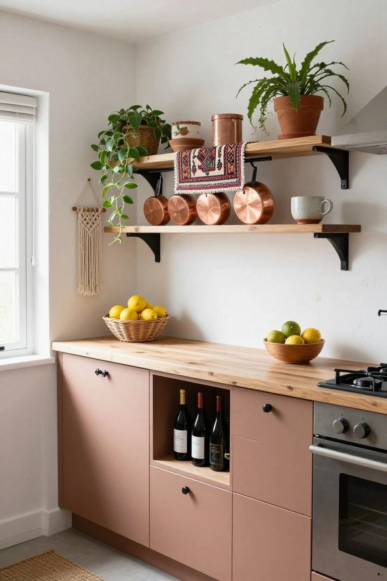 Kitchen corner with white walls, window, blush pink lower cabinets holding wine bottles, oak wood countertop with fruit bowls, gas cooktop, oven, and open wooden shelves displaying copper pots, plants, textiles, and ceramics.