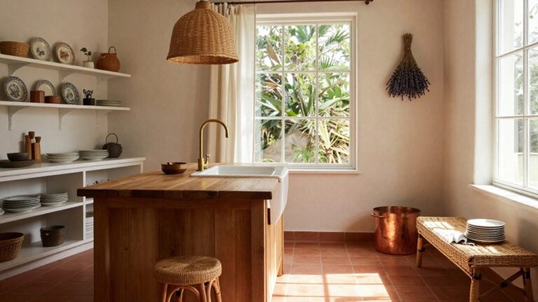 15 Warm Boho Kitchen Decor Ideas That Feel Lived In and Inviting Kitchen corner with light oak wood cabinets, white farmhouse sink and brass faucet, copper pots on floor and counter, wicker stool and baskets, hanging wicker basket pendant light with dried lavender bundles, open shelves with white plates, sheer curtains on window, and terracotta tile floor.