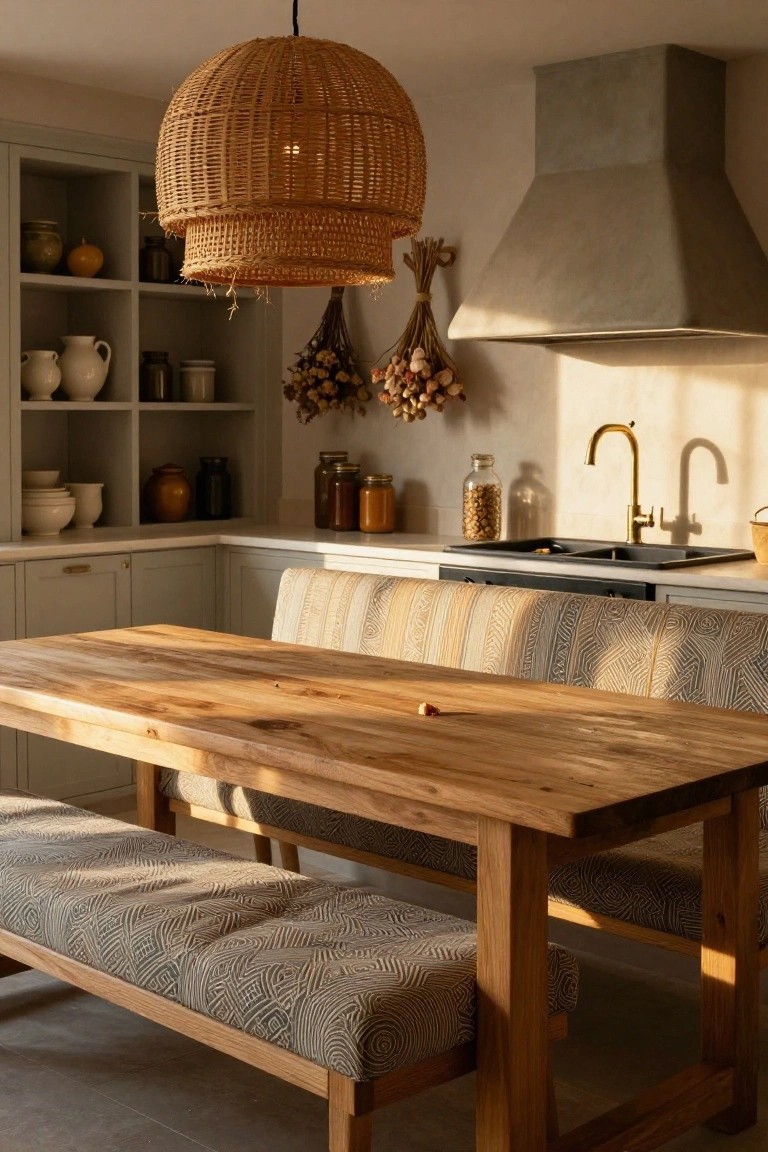 Sunlit kitchen interior with light gray cabinets, wooden dining table, upholstered benches, rattan pendant light, brass faucet, and shelves holding pottery and jars.