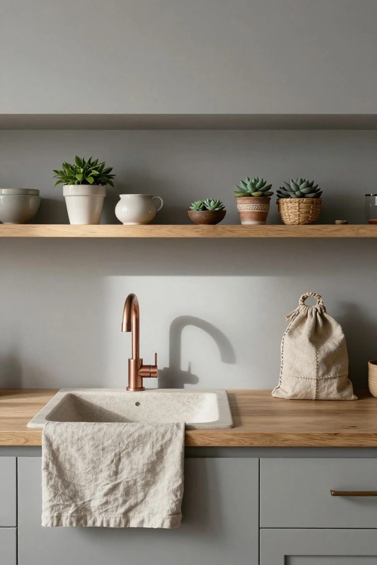 Kitchen sink area with gray cabinets, oak open shelves holding potted succulents, white ceramic pots and bowls, copper faucet, linen towel on wood countertop, and beige drawstring bag nearby.