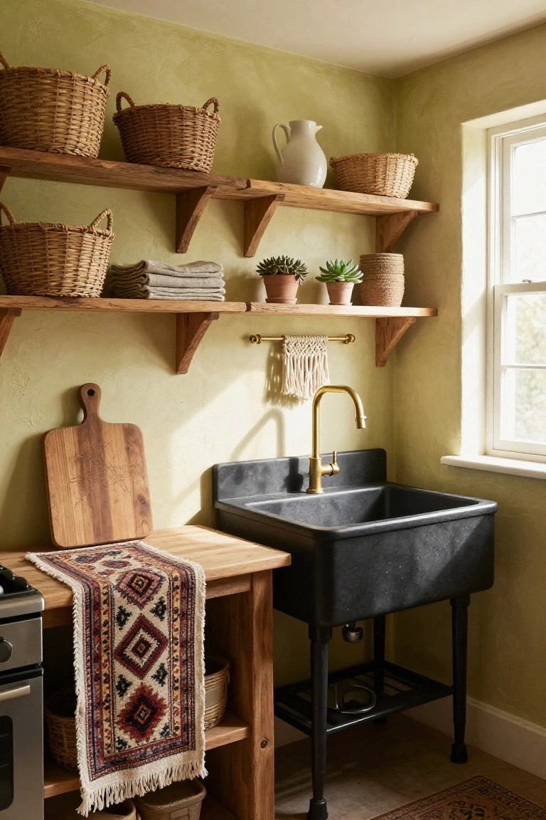 Corner of a kitchen with pale green textured walls, wooden open shelves holding multiple wicker baskets, potted plants, white pitcher, linens, black farmhouse sink with gold faucet on wooden counter and stand, colorful runner, and small stove.
