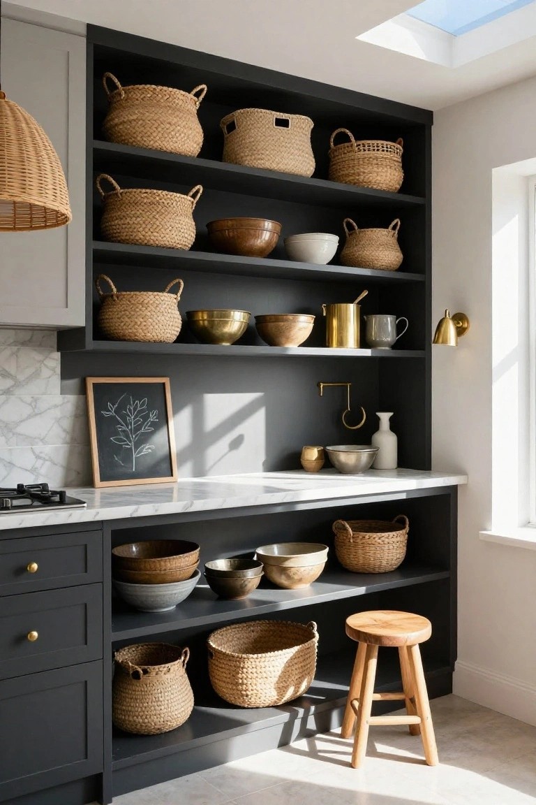Kitchen corner with black open shelves displaying multiple woven seagrass baskets, ceramic and brass bowls and pitchers, dark cabinets below a white marble countertop, wooden stool, and window light.