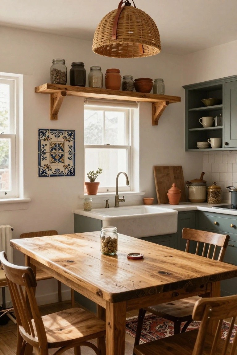 Kitchen with wooden open shelves stocked with glass jars, ceramic pots, and terracotta vessels above a white farmhouse sink, sage green cabinets, and a rustic wooden table with chairs.