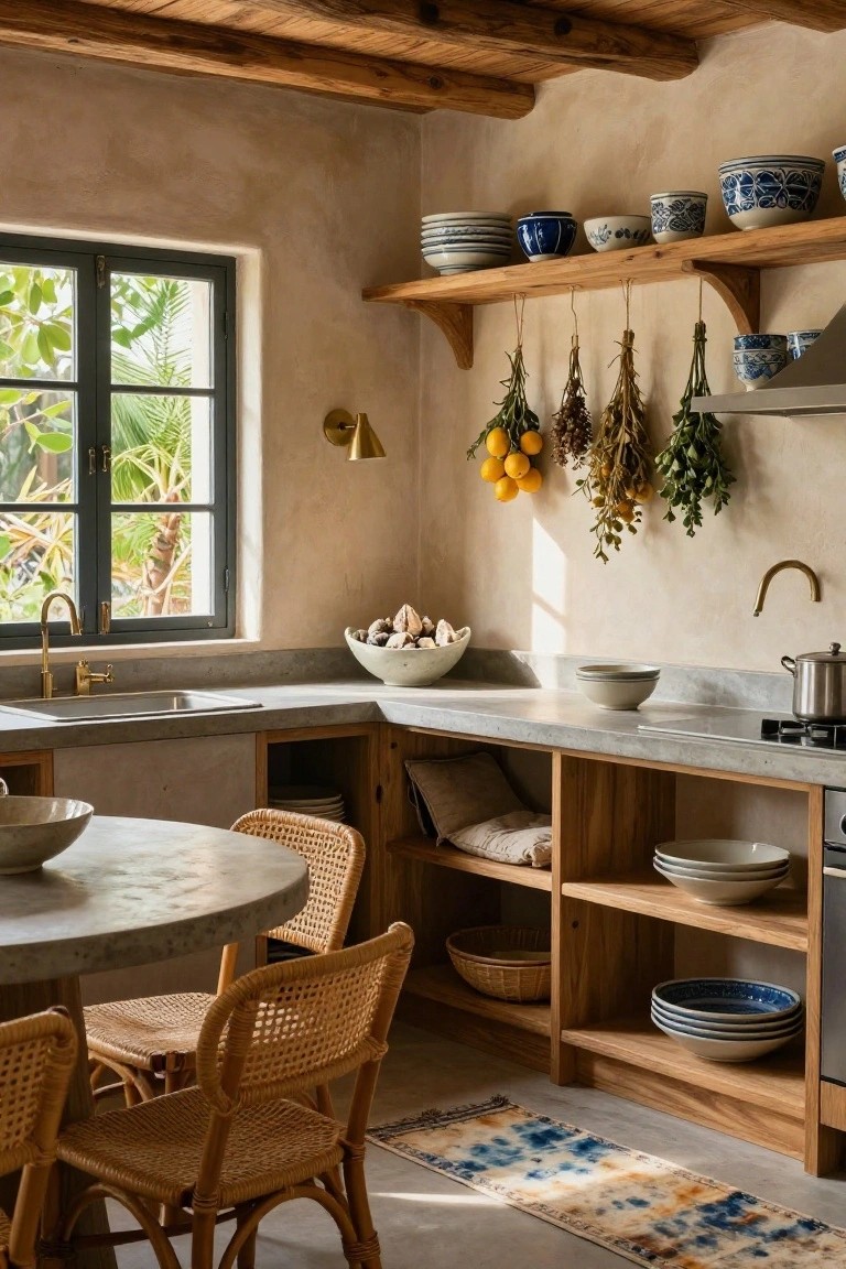 Kitchen interior with beige plaster walls, wooden beamed ceiling, open wood shelves holding blue and white ceramic bowls and plates, hanging lemons and dried herbs, concrete countertop and sink, rattan chairs around a round concrete table, and a black-framed window showing palm trees outside.