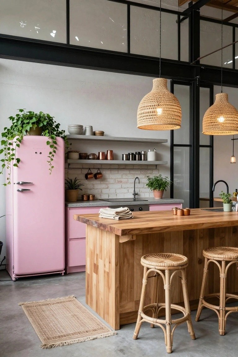 Modern kitchen with pink fridge, wooden island, and woven pendant lights.