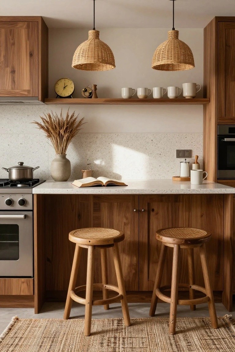 Kitchen with warm wood cabinets, rattan pendant lights hanging above a white quartz countertop island, two rattan bar stools, potted wheat stalks, and a seagrass rug on the floor.
