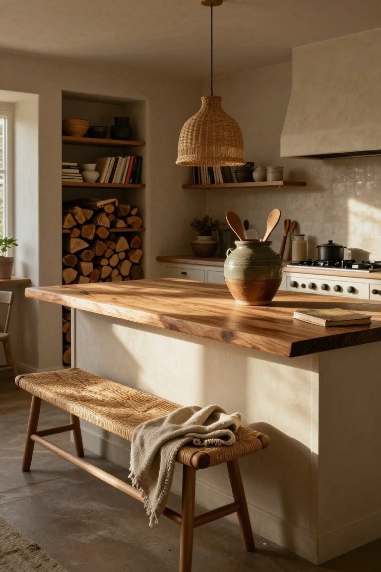 Sunlit kitchen interior with live-edge wooden island countertop, rattan bench with draped throw blanket, woven pendant light, green pottery vase, wooden spoons in jar, stacked firewood alcove, and white cabinets.