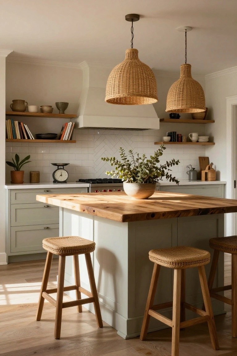 Kitchen with two large rattan pendant lights over a wooden-topped island, matching woven stools, light gray cabinets, open wood shelves with pottery and books, white subway tile backsplash, and potted plants.