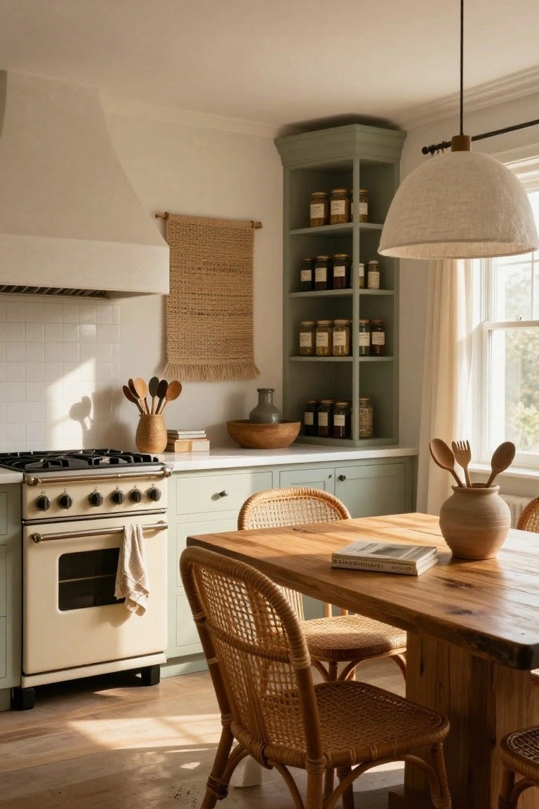 Kitchen interior with sage green lower cabinets and open upper shelving stocked with glass jars, white range stove, rattan chairs around a wooden dining table, woven wall hanging above the cooktop, and sheer curtains on a window.