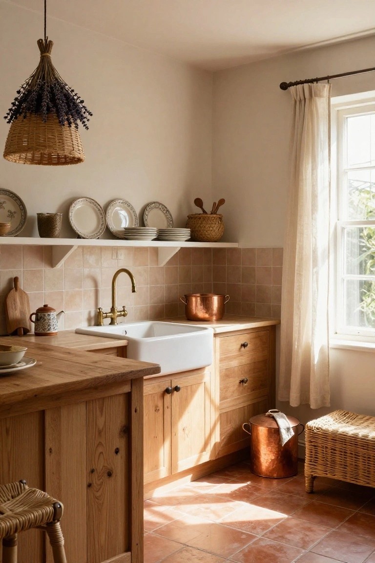 Kitchen corner with light oak wood cabinets, white farmhouse sink and brass faucet, copper pots on floor and counter, wicker stool and baskets, hanging wicker basket pendant light with dried lavender bundles, open shelves with white plates, sheer curtains on window, and terracotta tile floor.