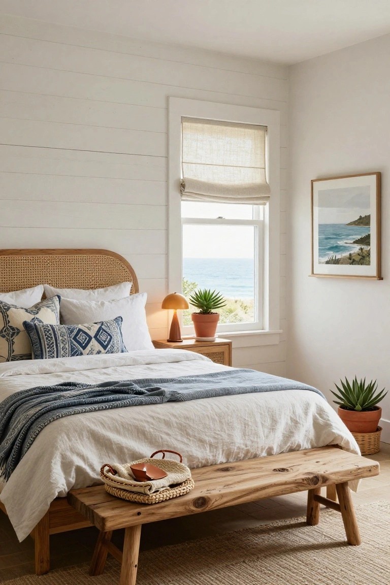 Bedroom interior featuring a king bed with rattan headboard and white linens against white shiplap walls, wood bench at foot with woven baskets, nightstand with lamp and potted plant, and window with ocean view.