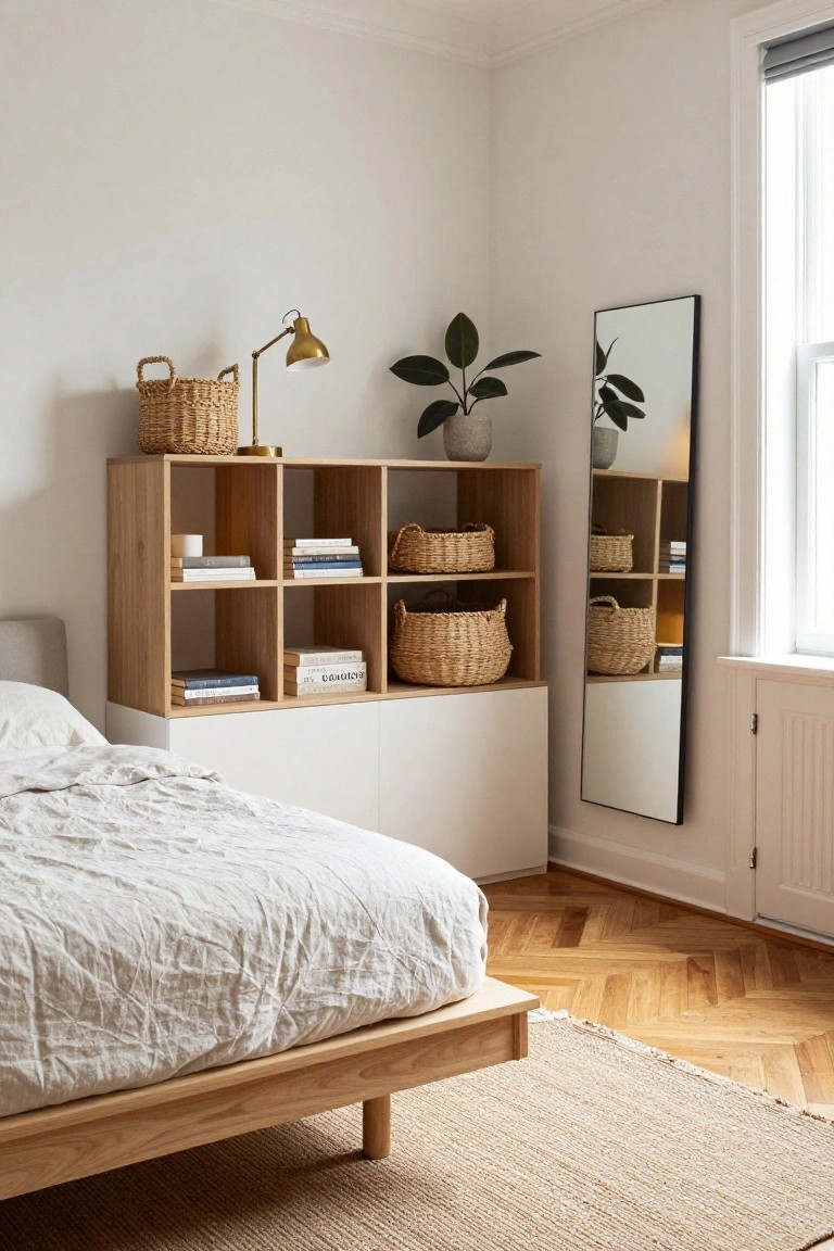 Corner of a light bedroom with oak open shelving unit holding books, candles, potted plant, and seagrass baskets, beside a low wooden platform bed with rumpled white linen sheets, brass lamp, slim black-framed mirror, and herringbone parquet floor.
