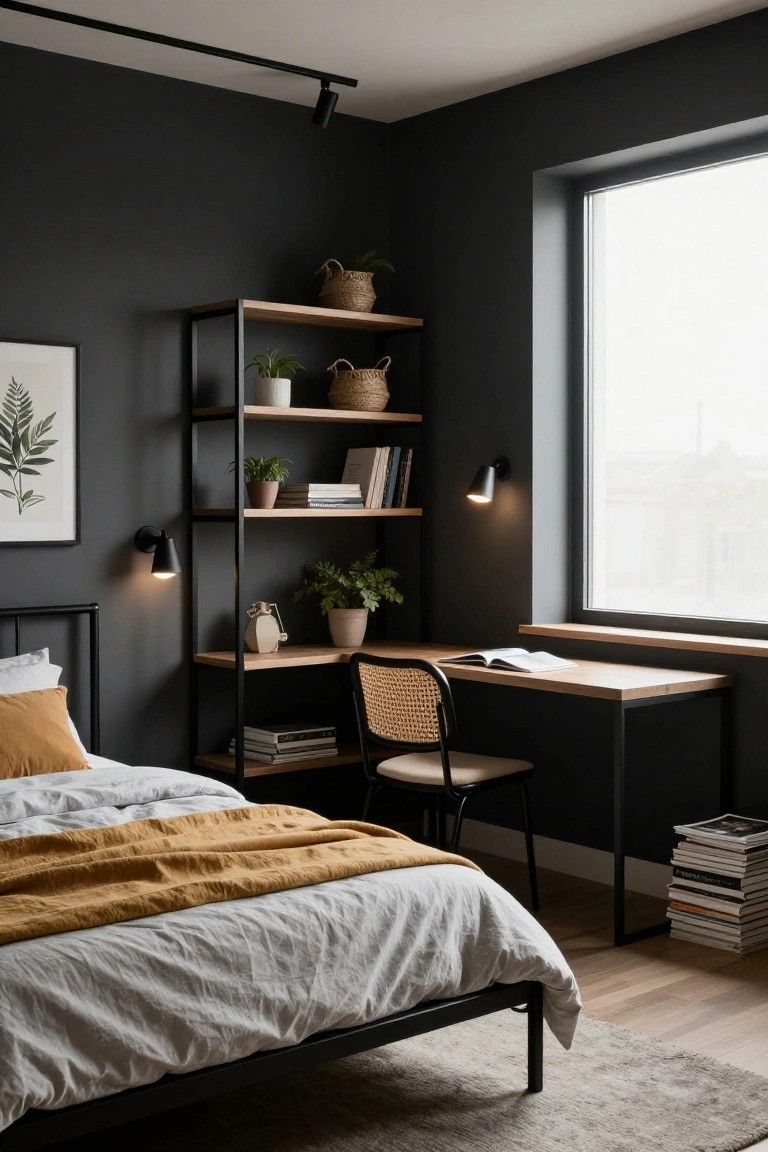 Bedroom corner with tall black metal shelving unit on wood shelves holding plants, books, and pitchers, integrated wooden desk with rattan chair, black metal bed with white linens and mustard throw, dark walls, track lighting, and large window.
