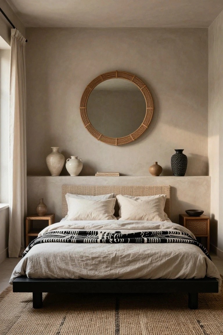 Beige plaster-walled bedroom with a wall niche shelf holding white and black ceramic vases, a large round rattan mirror, low black platform bed with white linen sheets and black patterned throw, wooden nightstands, and seagrass rug.