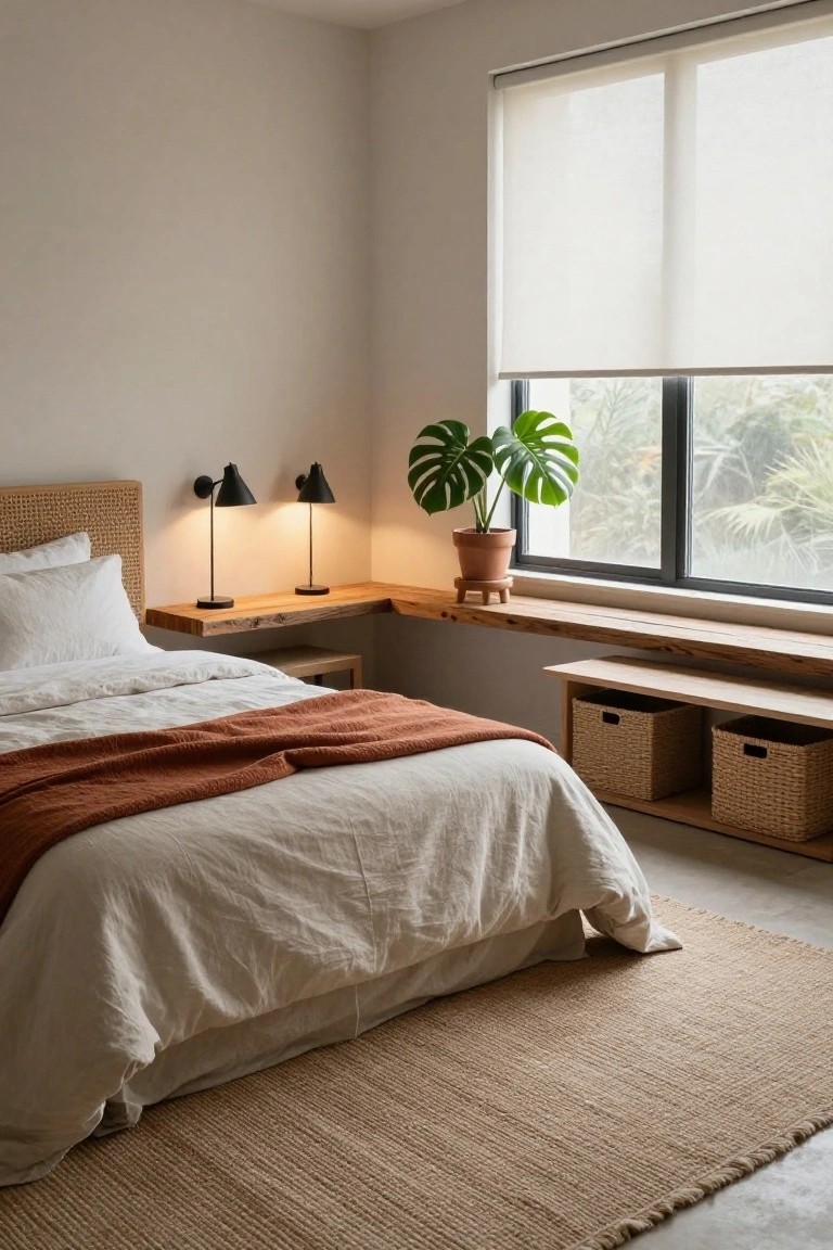 Bedroom corner with rattan headboard bed draped in white linens and terracotta orange throw, adjacent live-edge wooden built-in bench by large window holding monstera plant in terracotta pot and two rattan baskets, pair of black wall sconces lit up, seagrass rug on concrete floor, sheer roller shades partially drawn.