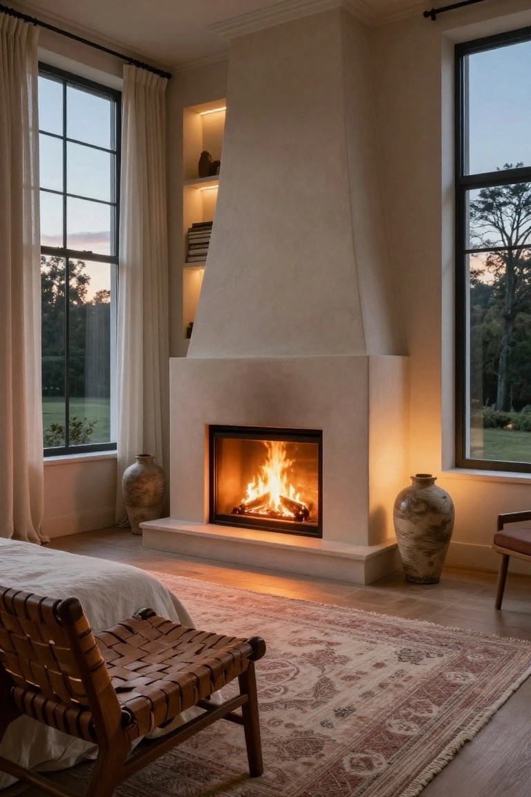Modern bedroom with a large built-in plaster fireplace burning logs, flanked by large windows showing trees and sunset, a bed with white linens, rattan chair, Persian-style rug, and ceramic vases on wood floors.