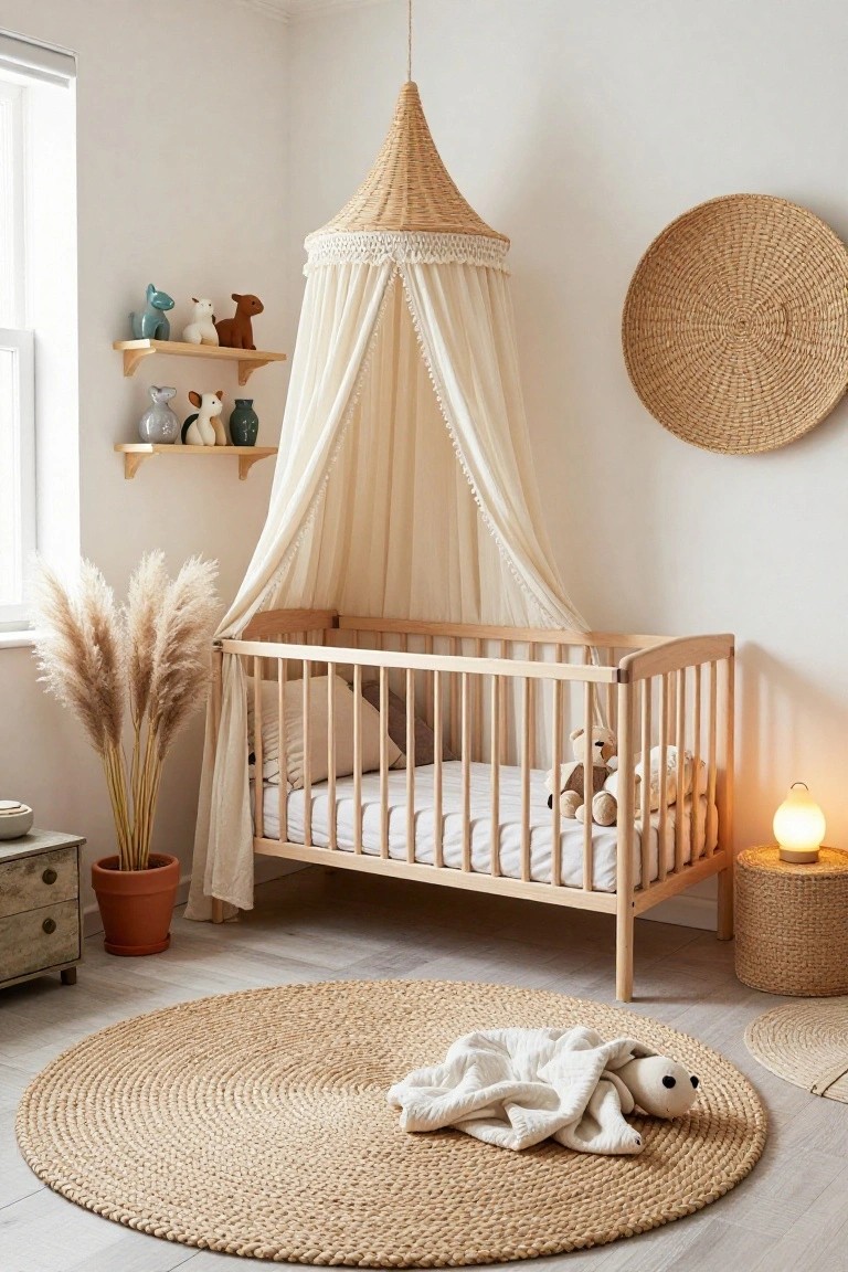 A light wooden crib with sheer white canopy draped over it in a neutral nursery room with pampas grass, woven wall hangings, stuffed animals on shelves, and a round seagrass rug on the floor.