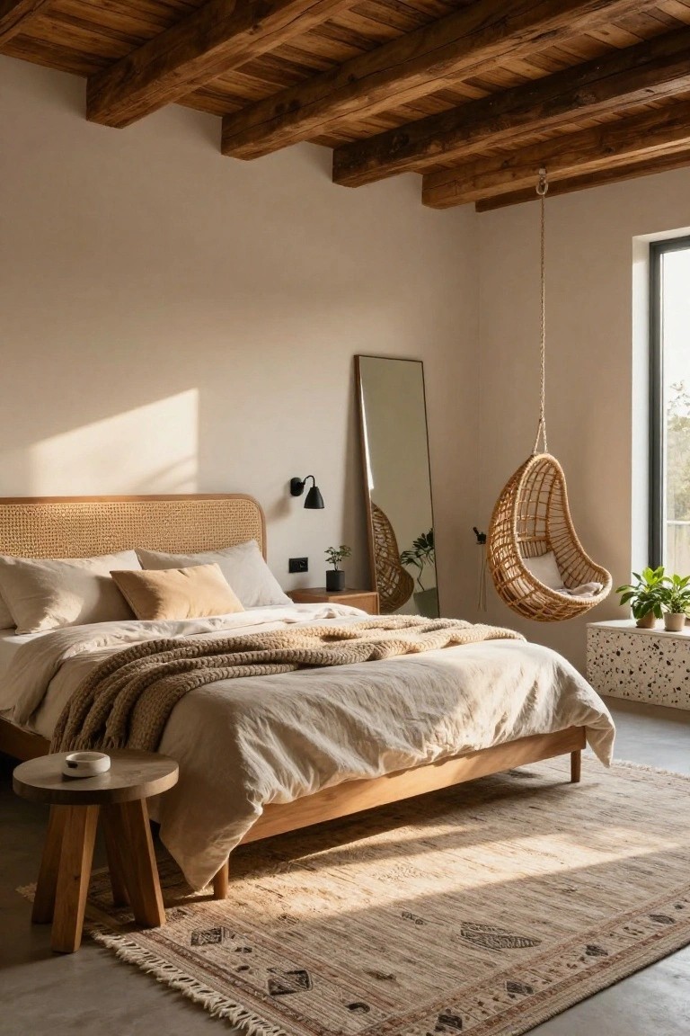 Bedroom with exposed dark wooden ceiling beams, rattan headboard on wooden bed with beige linens and throw, hanging rattan chair, full-length mirror, plants, side table, and patterned rug on concrete floor near window.