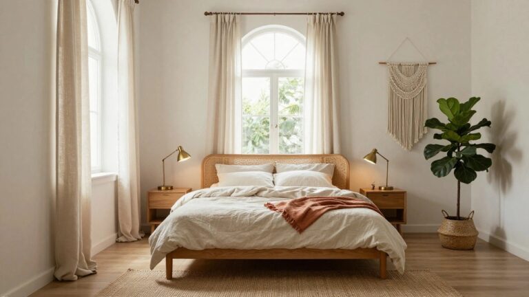 Bedroom corner with rattan headboard bed dressed in white linens and rust throw, macrame wall hanging, fiddle leaf fig in seagrass basket, gold lamps on wood nightstands, sheer curtains on arched window, beige rug on wood floor.