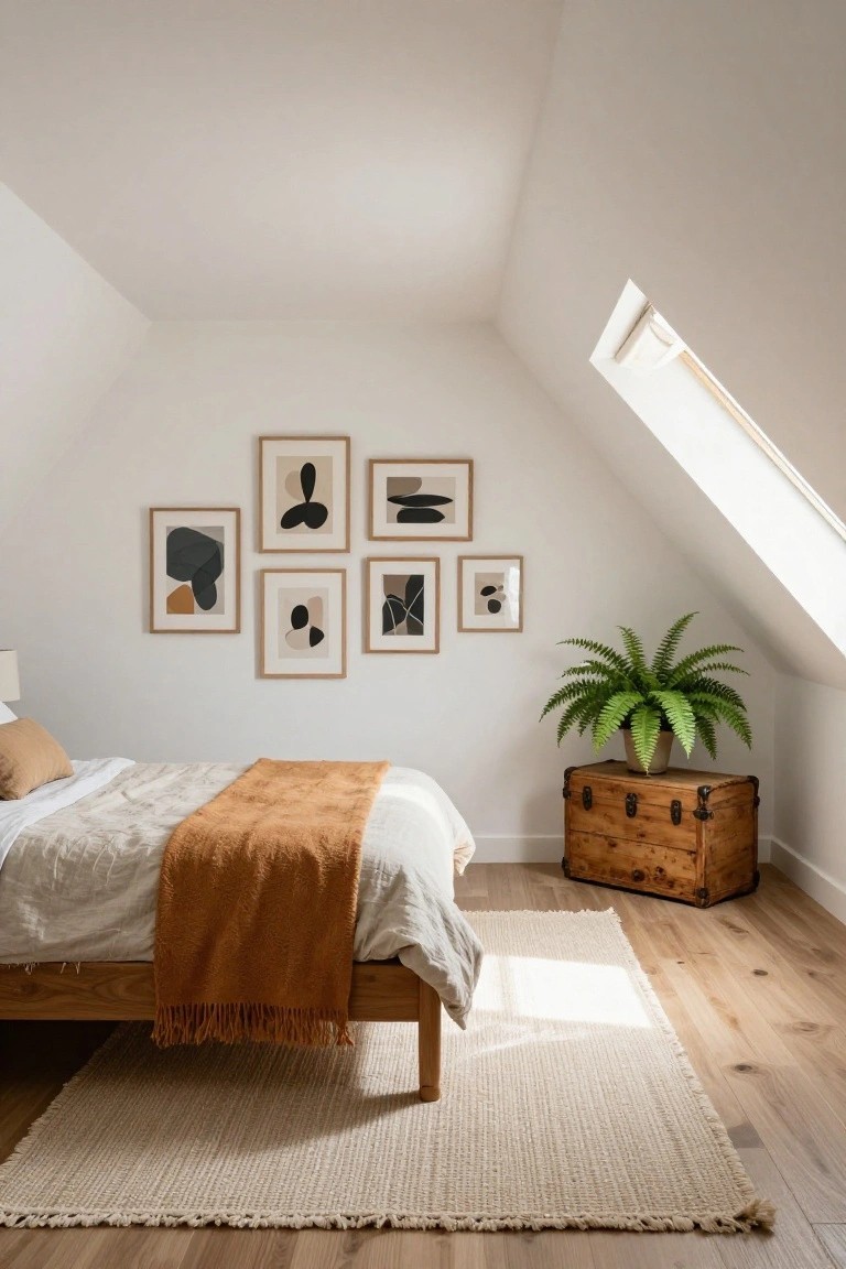 A bedroom under a white sloped ceiling with a gallery wall of six framed abstract beige and black prints above a low oak bed frame with white linens, orange throw, cream rug, vintage wooden trunk nightstand holding a potted fern plant, and light wood floors.
