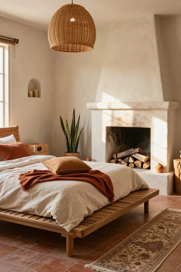 Bedroom with low slatted wooden platform bed covered in white linens and orange throw, snake plant in terracotta pot, wood fireplace with logs, rattan pendant light, whitewashed walls, and patterned rug on terracotta tile floor.