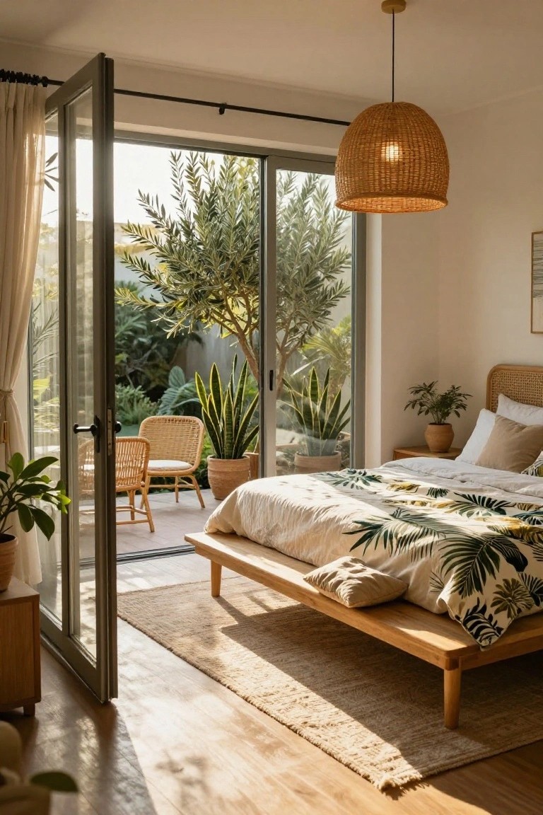 A light-filled bedroom featuring a low wooden platform bed with white and green leaf-patterned bedding, rattan headboard and chairs, potted plants, a woven pendant light, and large open sliding glass doors overlooking a garden with an olive tree and succulents.