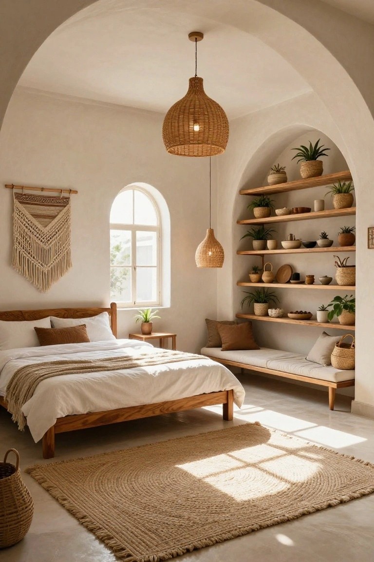 Bedroom interior featuring a wooden bed with white linens and tan throw, arched wall with multi-level wooden shelves holding plants, pots, and ceramics, rattan pendant lights, macrame wall hanging, and jute rug on tiled floor.