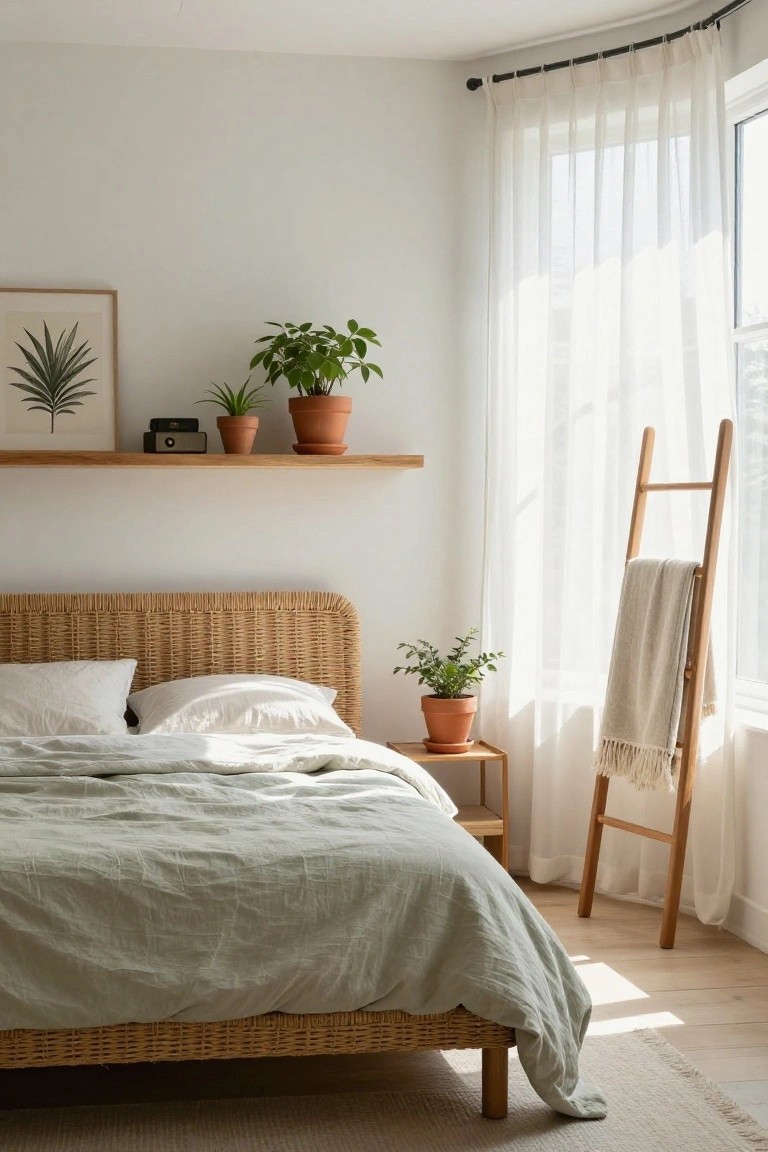 Bright bedroom with rattan headboard bed dressed in white and green linens, potted plants on wooden floating shelf and bedside table, sheer curtains on window, wooden ladder with throw blanket, and light wood floors.