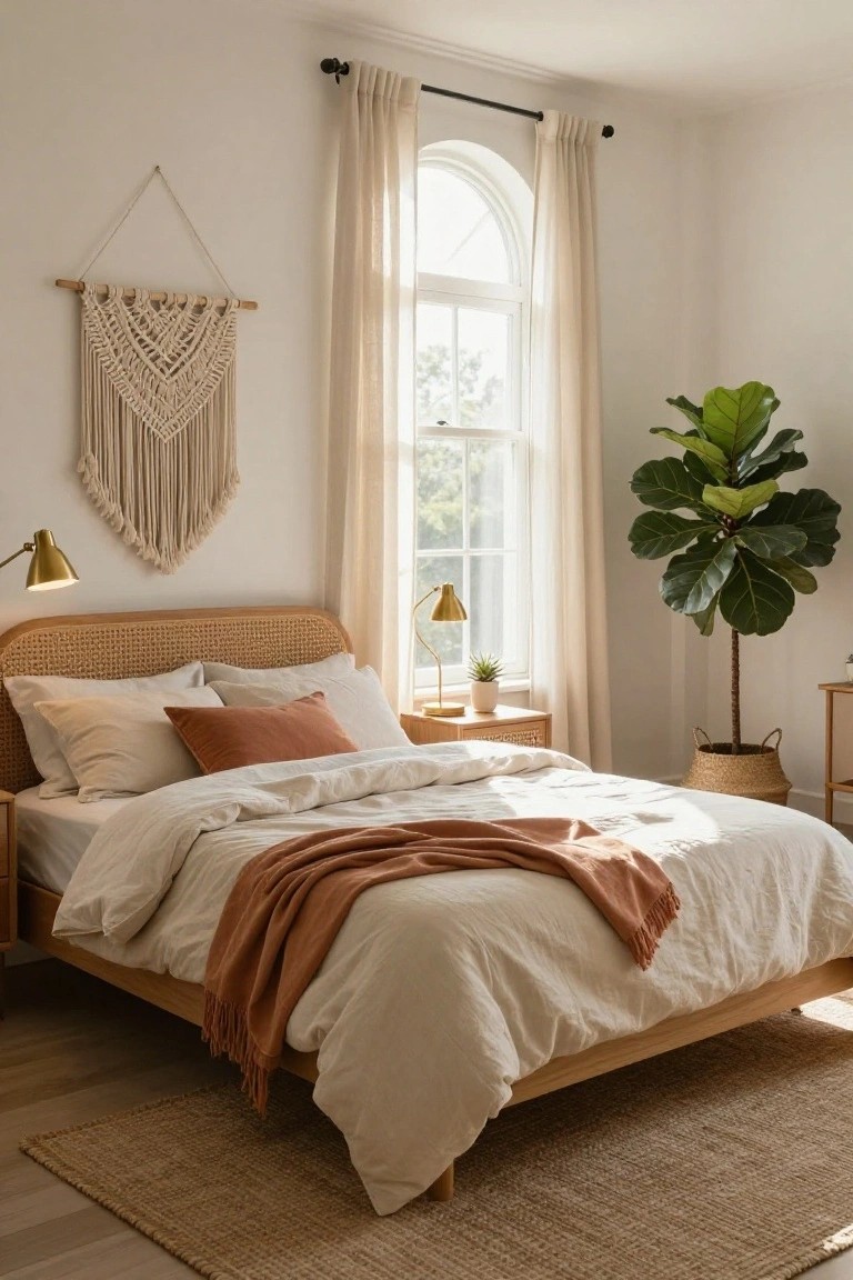 Bedroom corner with rattan headboard bed dressed in white linens and rust throw, macrame wall hanging, fiddle leaf fig in seagrass basket, gold lamps on wood nightstands, sheer curtains on arched window, beige rug on wood floor.