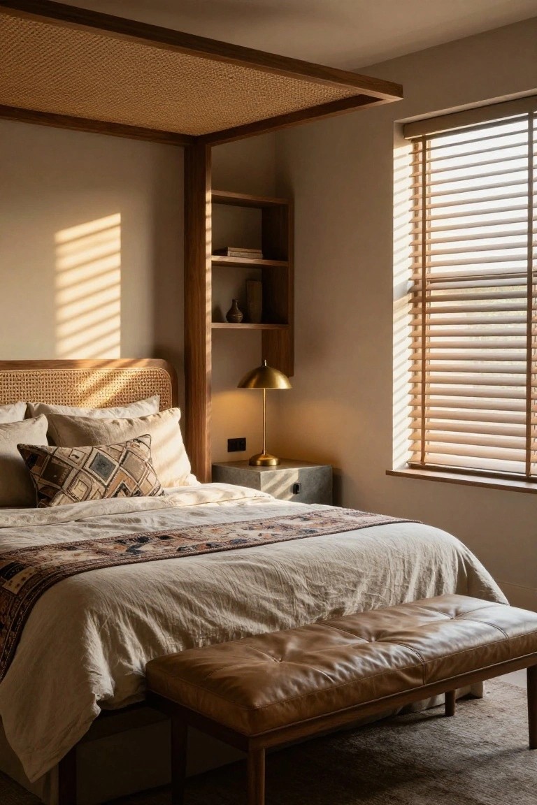 Bedroom with wooden four-poster bed topped by rattan canopy, rattan headboard, neutral bedding with patterned pillows and runner, gold lamp on bedside table, built-in wooden shelves, leather bench at bed foot, and window with wooden blinds.