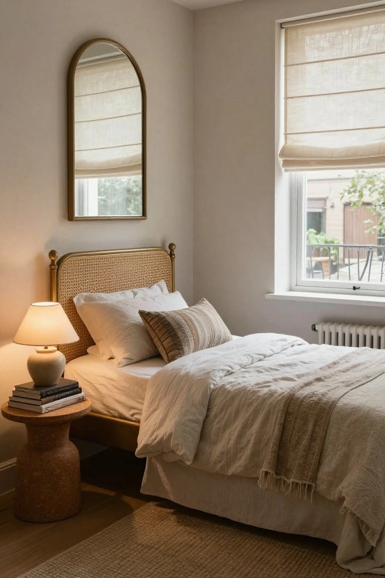Bedroom with tall arched gold mirror on beige wall, rattan headboard bed with brass posts and white linen bedding, ceramic lamp on cork stool side table holding stacked books, near window with linen roman shades and radiator.