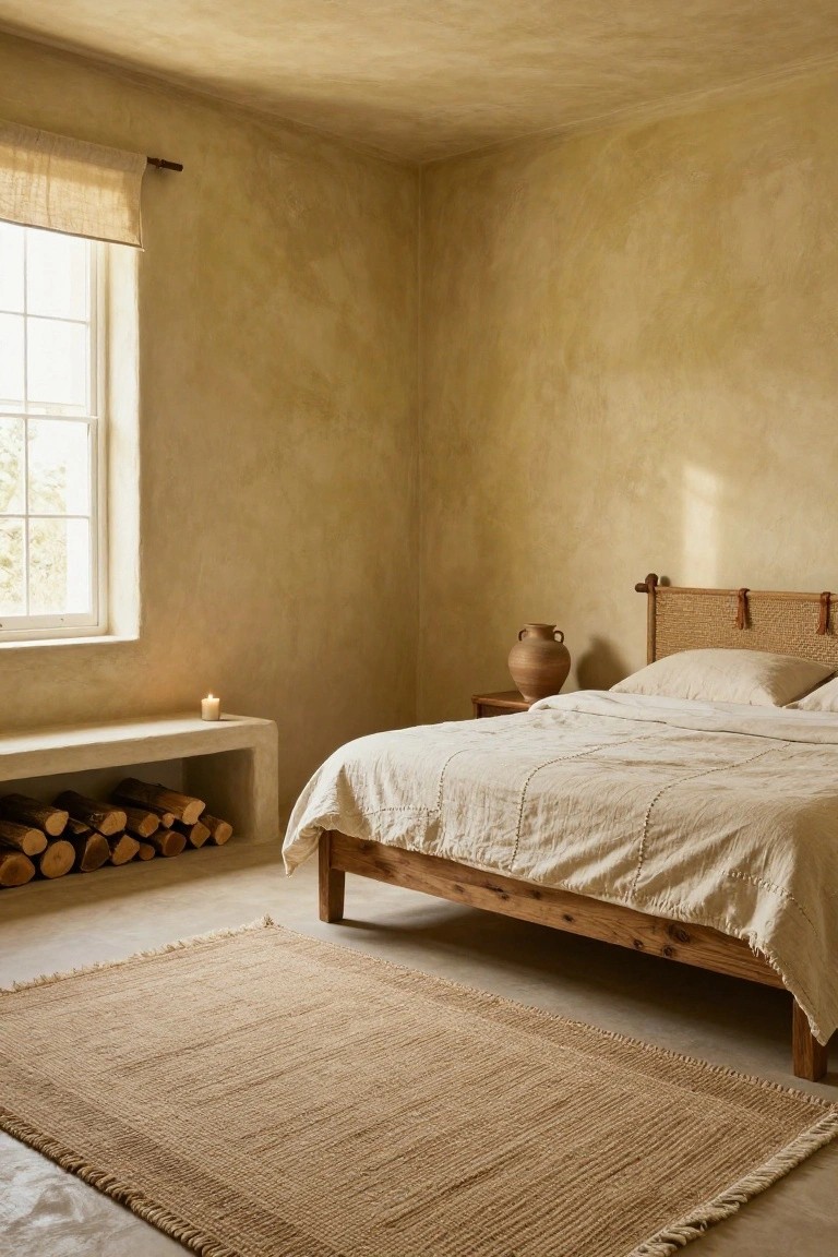 Bedroom corner featuring beige textured plaster walls, wooden platform bed with white linen bedding and pillows, rattan headboard, seagrass rug, terracotta vase on nightstand, candle on low shelf, firewood stacked in built-in niche, and window with linen curtain.