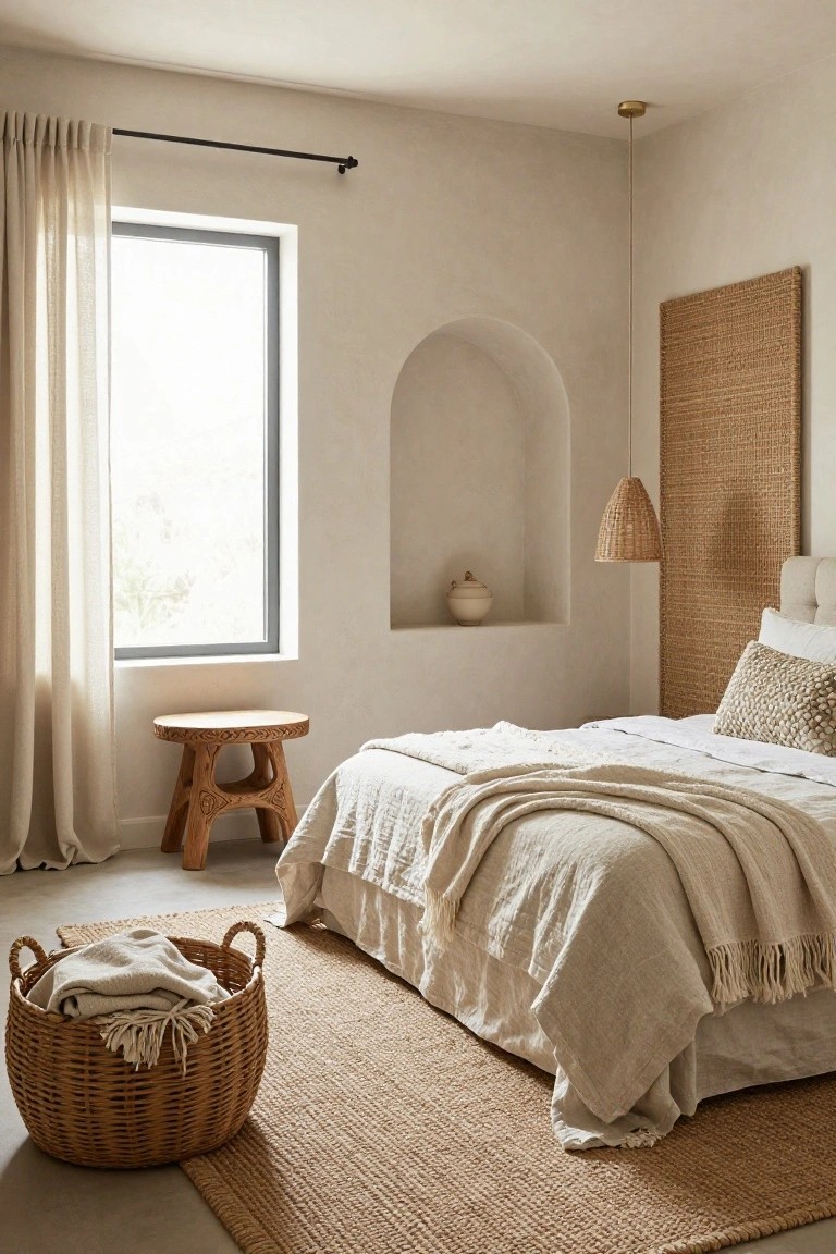 Bedroom corner with beige plaster walls and arched niche holding a ceramic vase, queen bed with beige linen bedding and wicker headboard, rattan pendant light, wooden stool by window with sheer curtains, seagrass rug, and wicker laundry basket holding a throw.