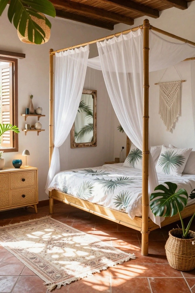 A boho bedroom with a bamboo four-poster bed draped in white sheers, monstera plants, rattan dresser and shelves, macrame hanging, palm print bedding, and terracotta tile floor.