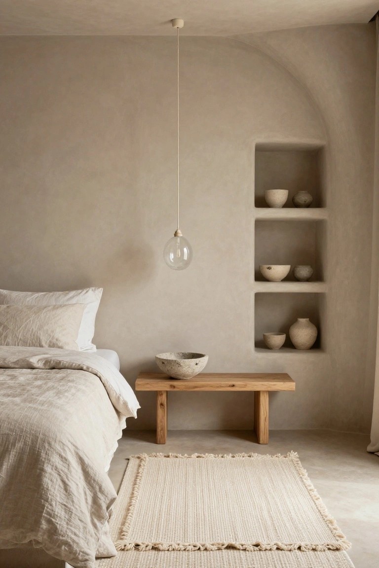 A minimalist bedroom featuring a bed with white linen bedding, a wooden bench holding a ceramic bowl, arched beige wall niches displaying various pottery pieces, a glass pendant light hanging from the ceiling, and a cream fringed rug on the concrete floor.