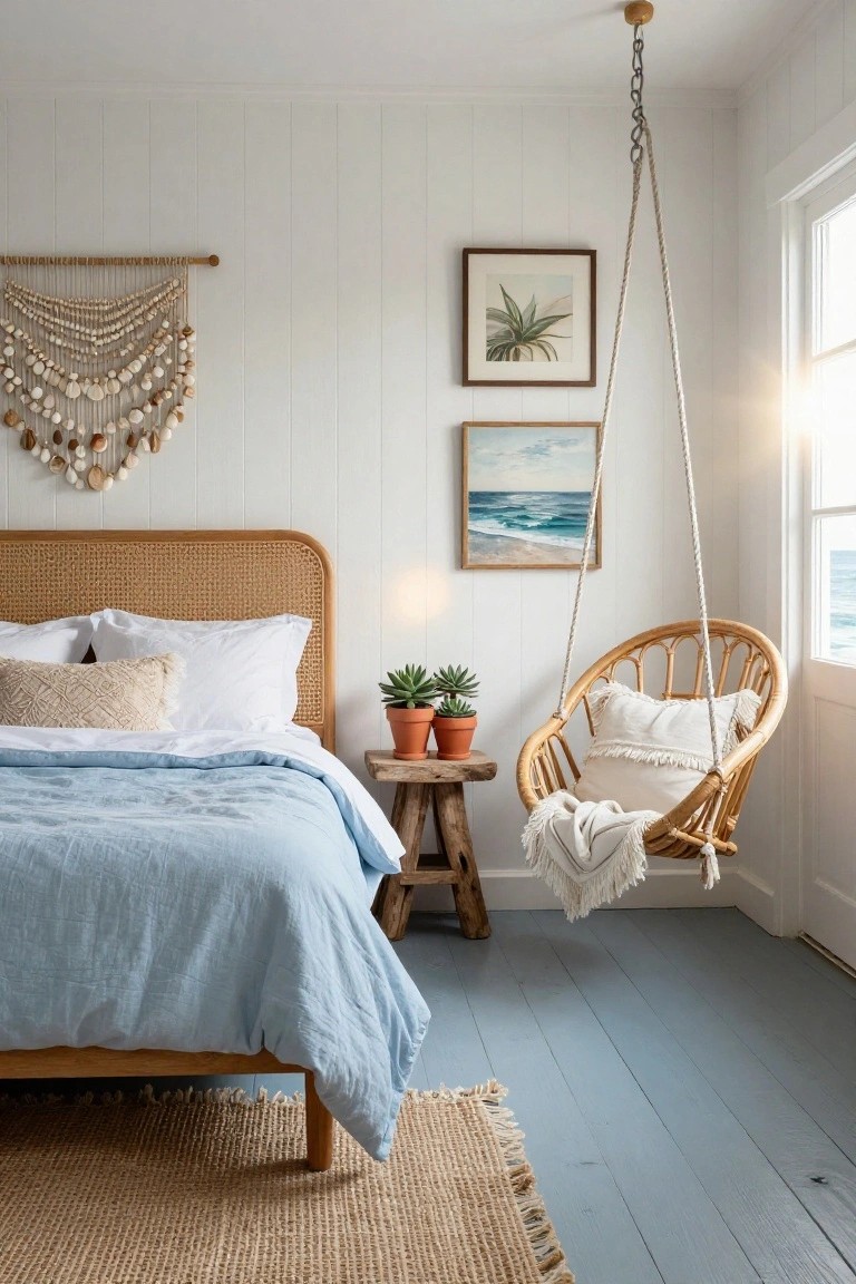 A cozy bedroom with a rattan headboard bed covered in white sheets and a blue linen duvet, potted succulents on a wooden stool, wall art, a shell wall hanging, and a hanging rattan swing chair with white pillows and a throw near a window with ocean view.