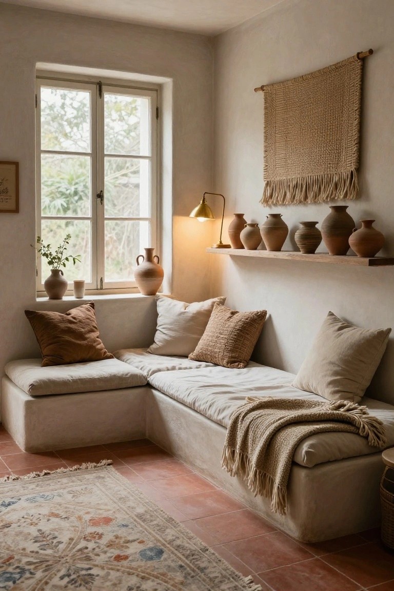 Indoor corner room with low built-in white bench seat along two walls, piled with beige and brown cushions and a knit throw, wooden shelf above displaying various terracotta pots, large window with plants, terracotta tile floor and patterned rug.