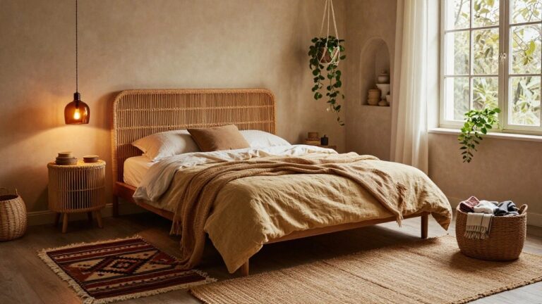 Bedroom with rattan headboard on low wooden bed frame, white sheets topped with beige linen duvet and knit throw, wooden nightstand holding candle and books, arched wall niche with pottery, hanging potted plant, amber pendant light, sheer curtain on window showing trees outside, patterned beige rug and seagrass mat on concrete floor.