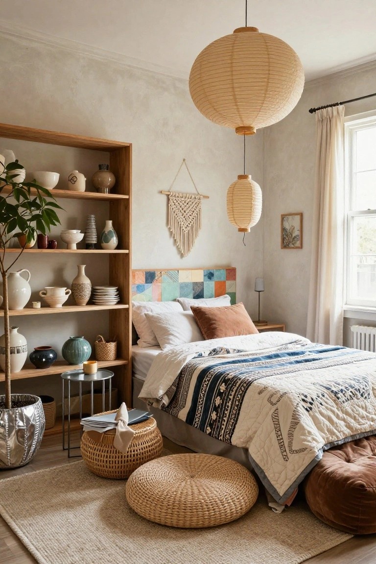 A bedroom with a wooden open bookshelf displaying assorted pottery, vases, bowls, and plants beside a bed with patchwork headboard, layered bedding, rattan poufs, and hanging paper lanterns over a beige rug.